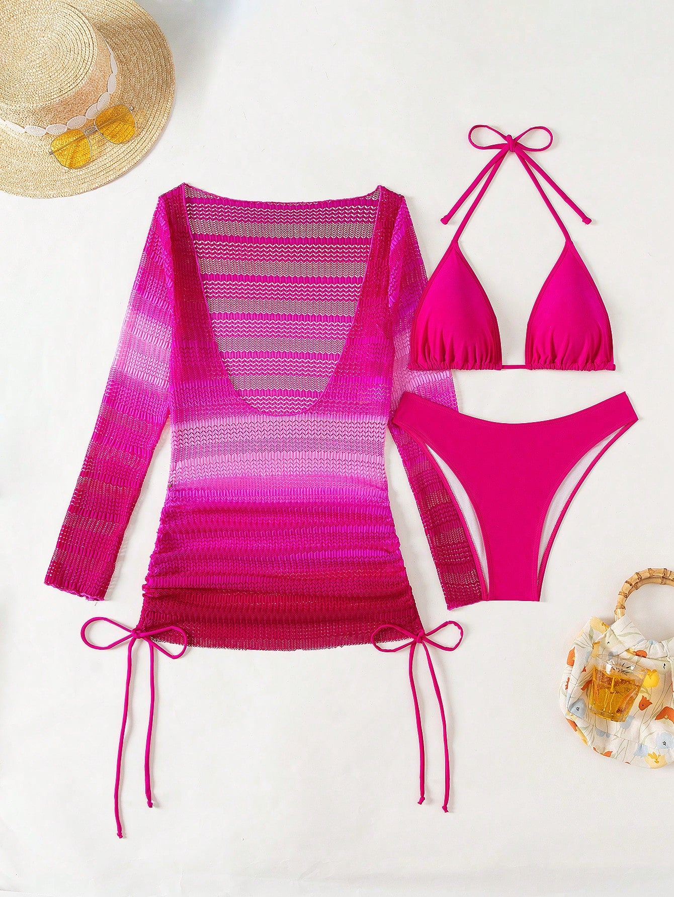 Conjunto Praia Biquíni Com Saída Manga Longa Degradê Rosa