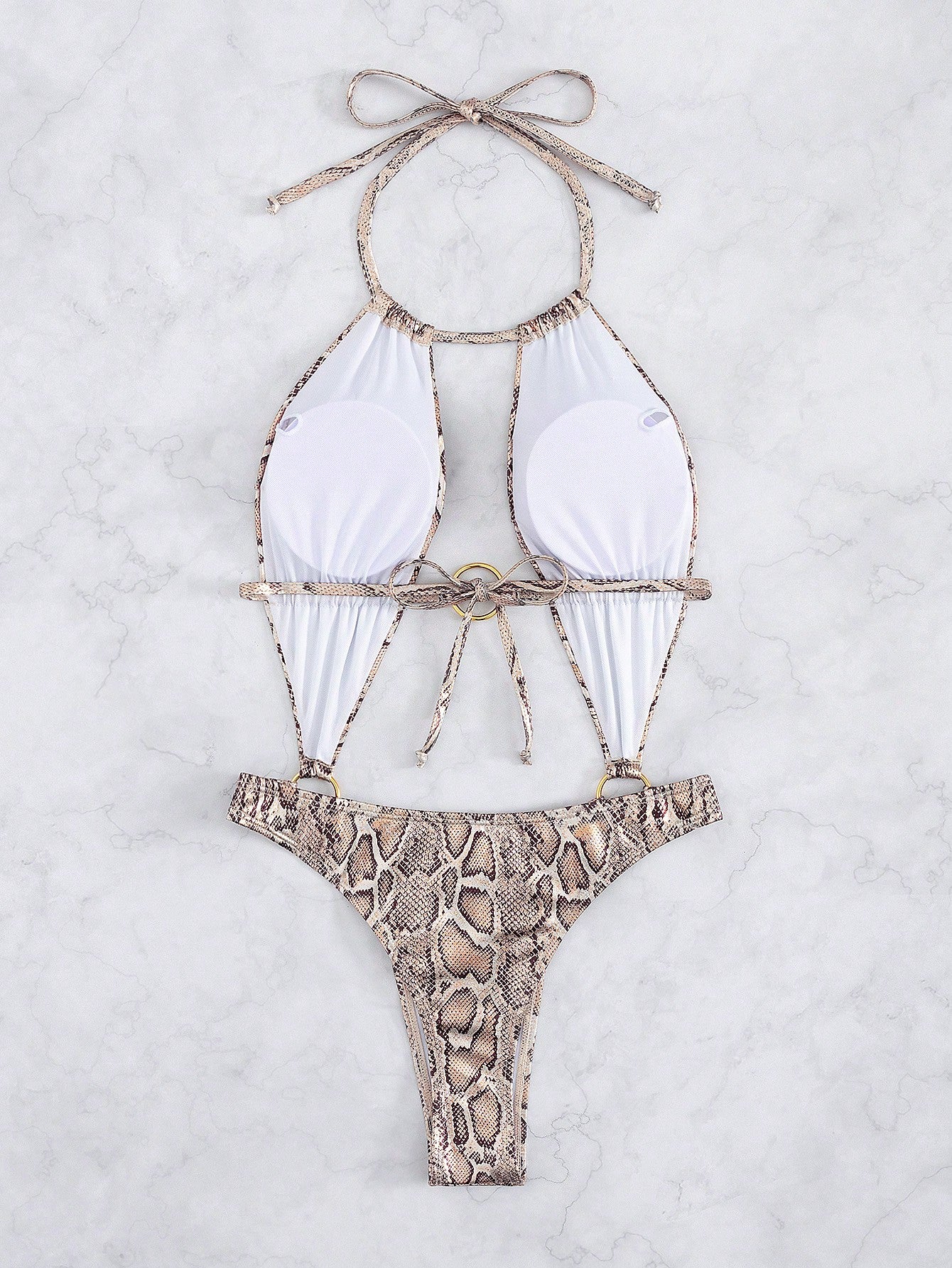 Maiô Monokini Com Argolas Estampa Animal Print Cobra