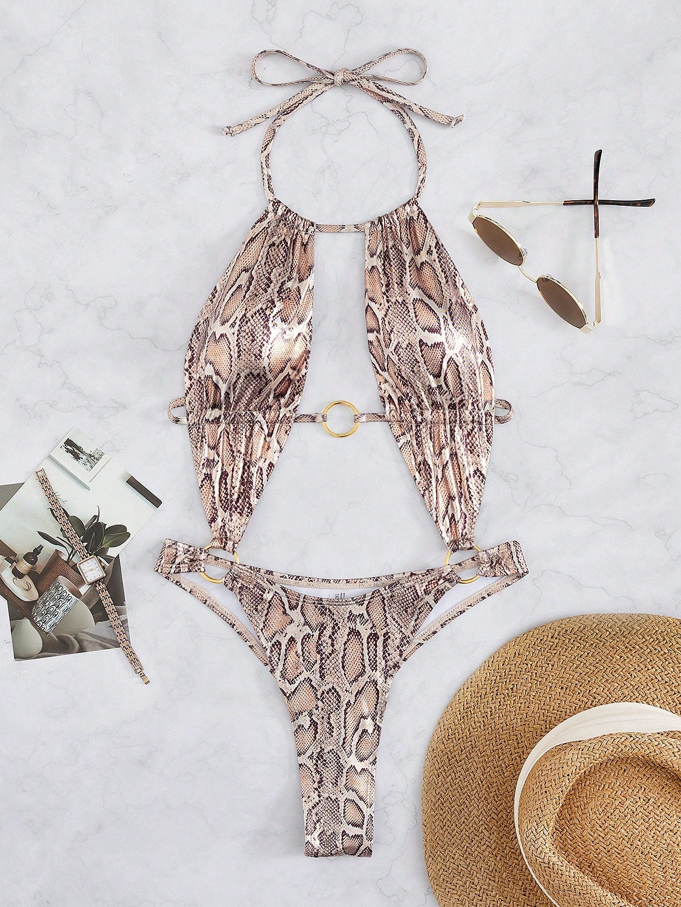 Maiô Monokini Com Argolas Estampa Animal Print Cobra