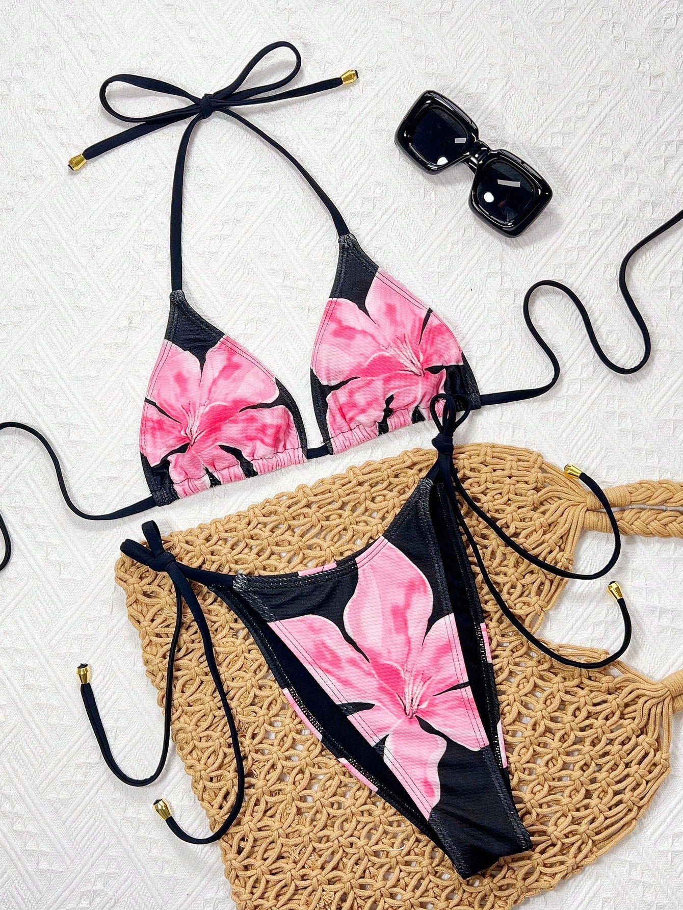 Biquíni Triângulo String Floral Com Argola Central