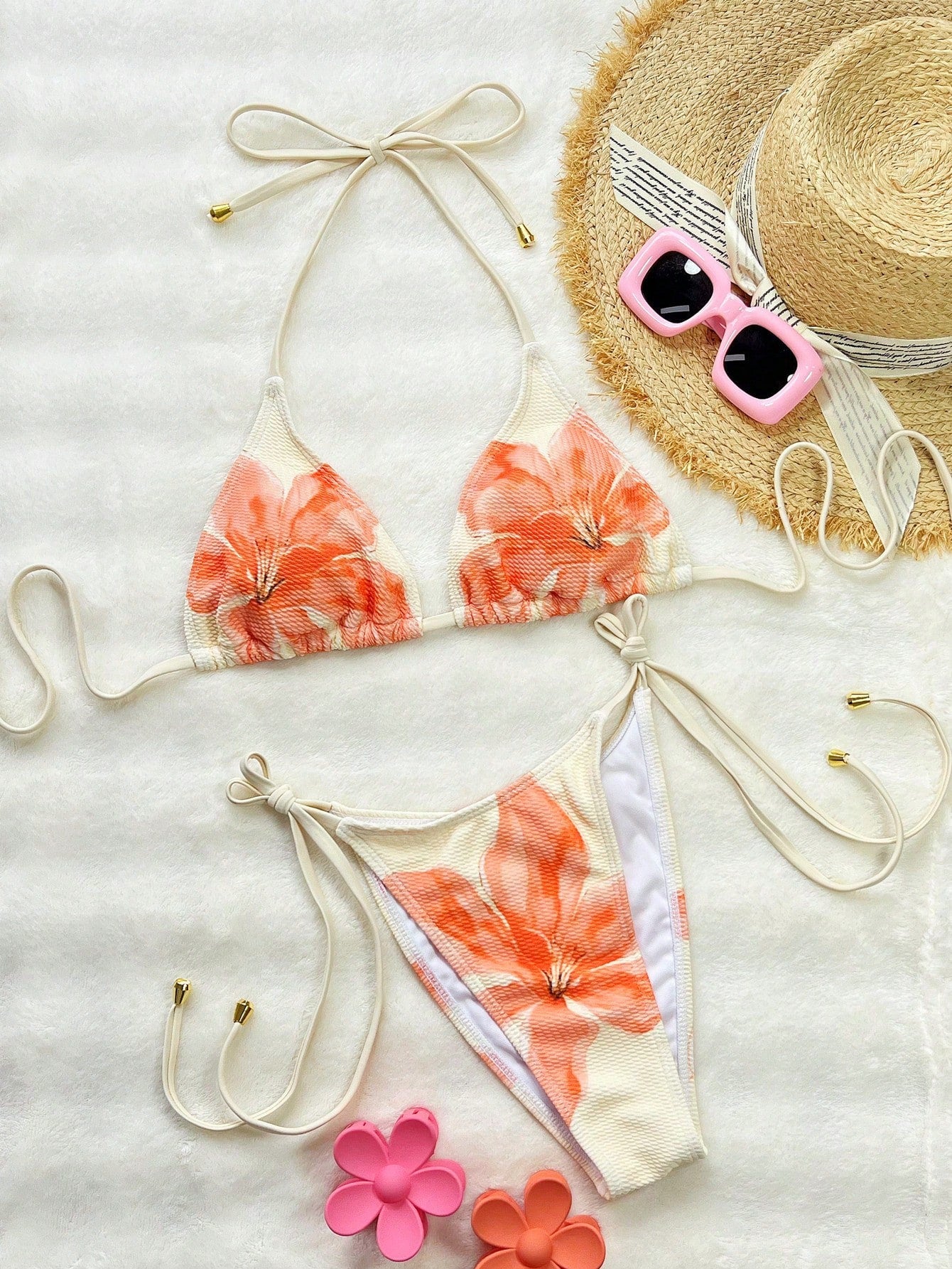 Biquíni Triângulo String Floral Com Argola Central
