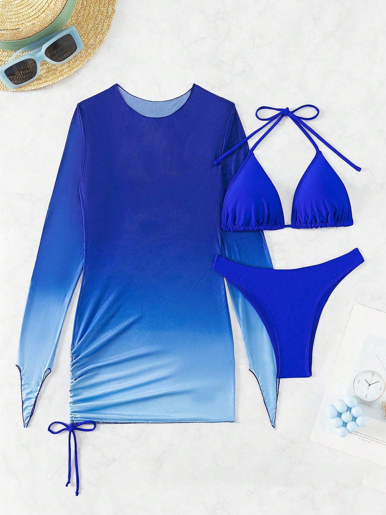 Conjunto Praia Biquíni Com Saída De Praia Manga Longa Degradê