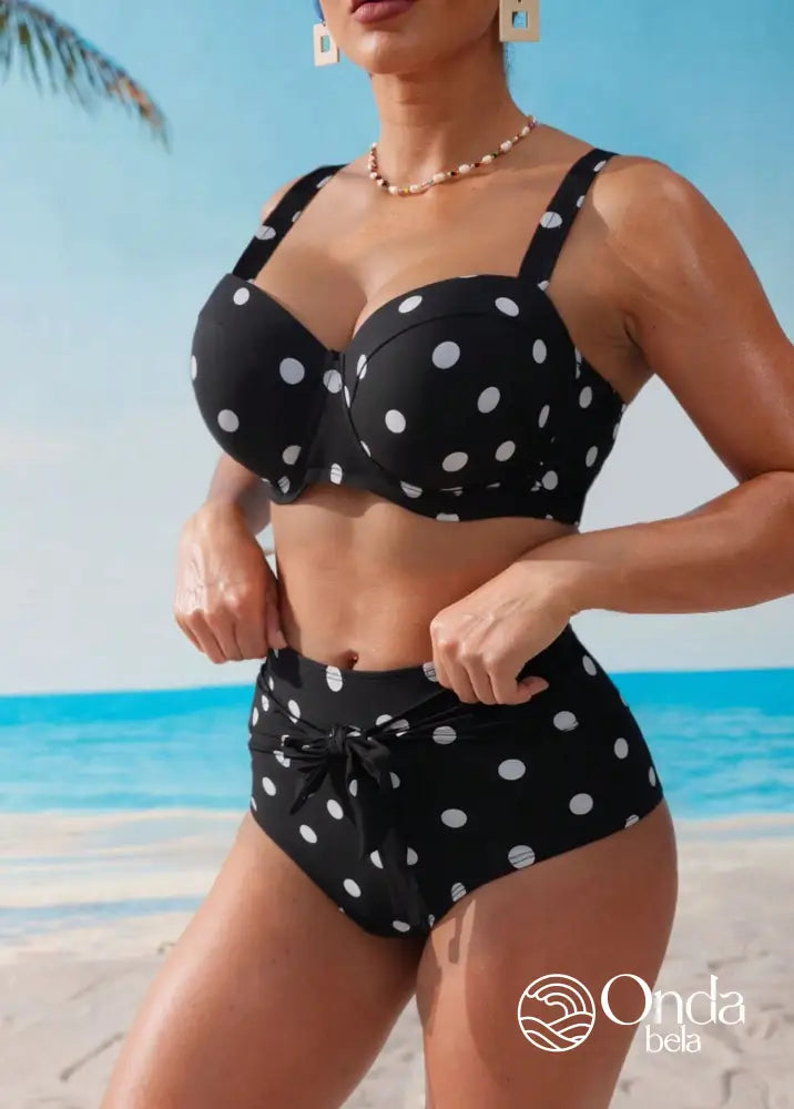 Biquíni Retrô Poá Cintura Alta Com Top Estruturado Preto / PP Biquíni Retrô Poá Cintura Alta Com Top Estruturado