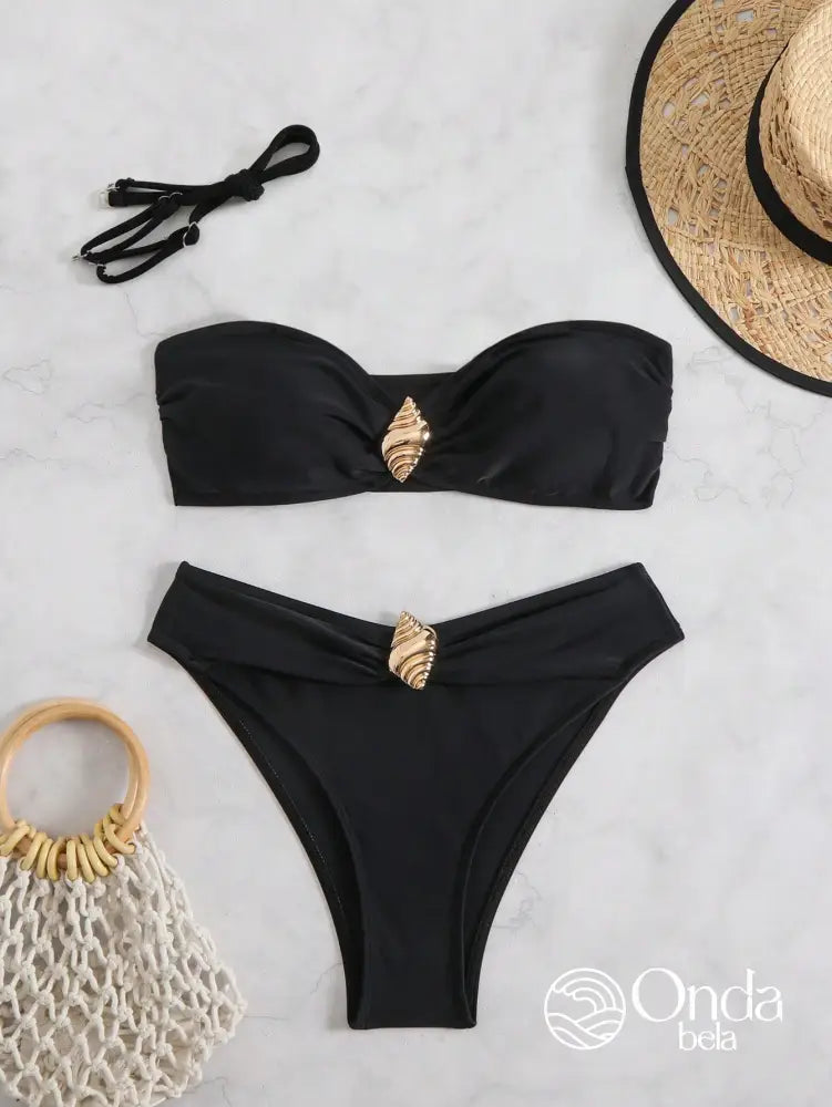 Biquíni Tomara Que Caia Com Concha Dourada Elegante Biquíni Tomara Que Caia Com Concha Dourada Elegante