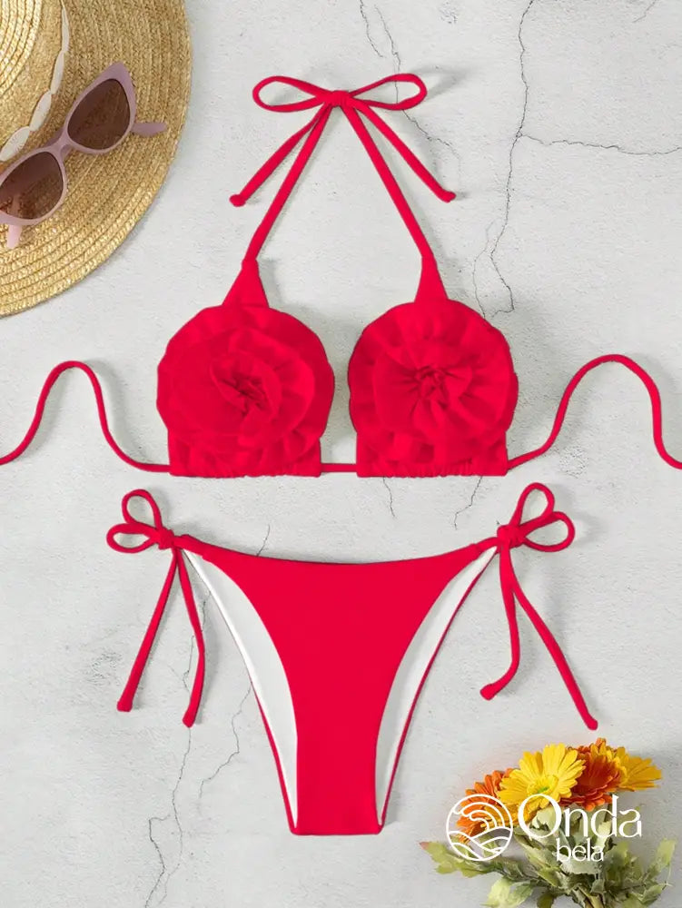 Biquíni Triângulo Com Apliques De Flores Volumosas Biquíni Triângulo Com Apliques De Flores Volumosas