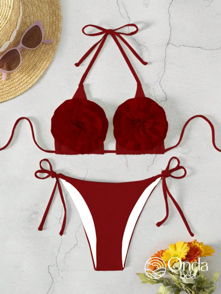 Biquíni Triângulo Com Apliques De Flores Volumosas Biquíni Triângulo Com Apliques De Flores Volumosas