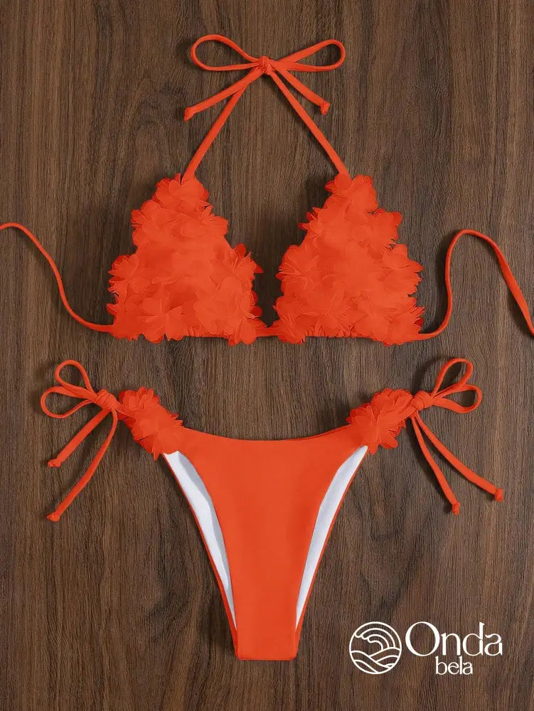 Biquíni Triângulo String Com Flores 3D Decorativas Biquíni Triângulo String Com Flores 3D Decorativas