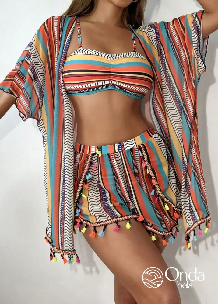Conjunto 4 Peças Biquíni Kimono E Short Estampa Étnica Conjunto 4 Peças Biquíni Kimono E Short Estampa Étnica