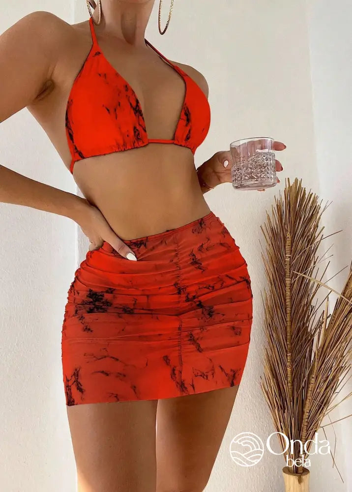 Conjunto Praia Biquíni Com Saia Curta Drapeada Marmorizada Vermelho / PP Conjunto Praia Biquíni Com Saia Curta Drapeada