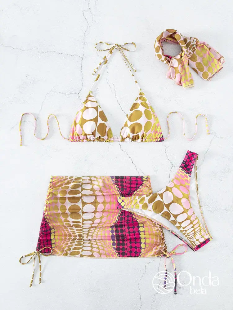 Conjunto Praia Biquíni Com Saia Curta E Faixa Estampada Conjunto Praia Biquíni Com Saia Curta E Faixa Estampada
