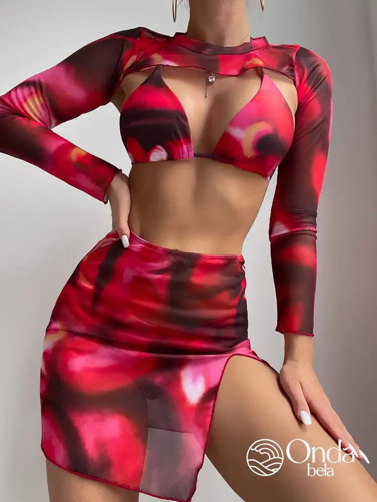Conjunto Praia Biquíni Com Saia E Blusa Manga Longa Estampada Conjunto Praia Biquíni Com Saia E Blusa Manga Longa