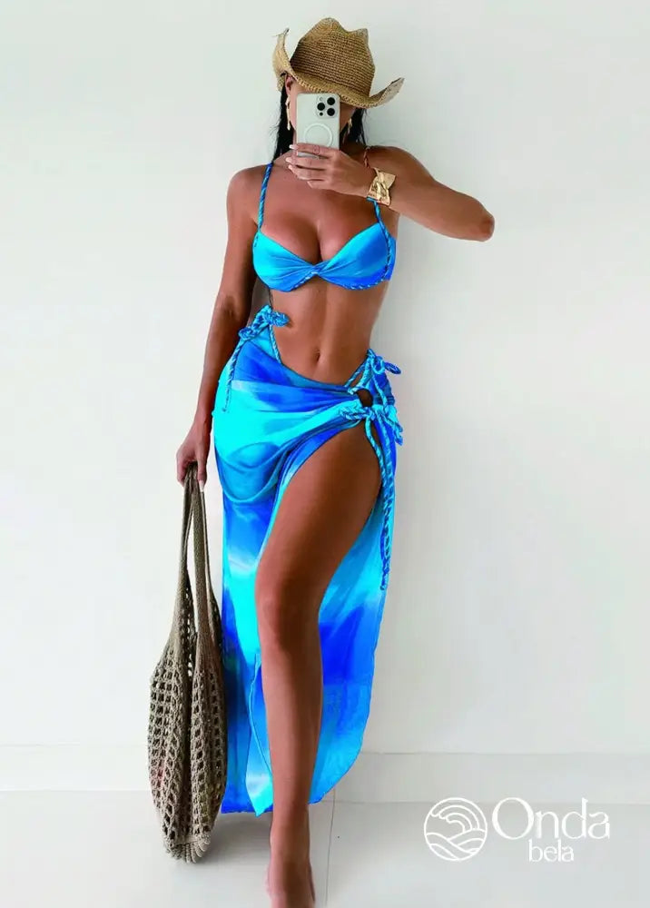 Conjunto Praia Biquíni Com Saia Longa Estampa Degradê Azul Royal / PP Conjunto Praia Biquíni Com Saia Longa Estampa