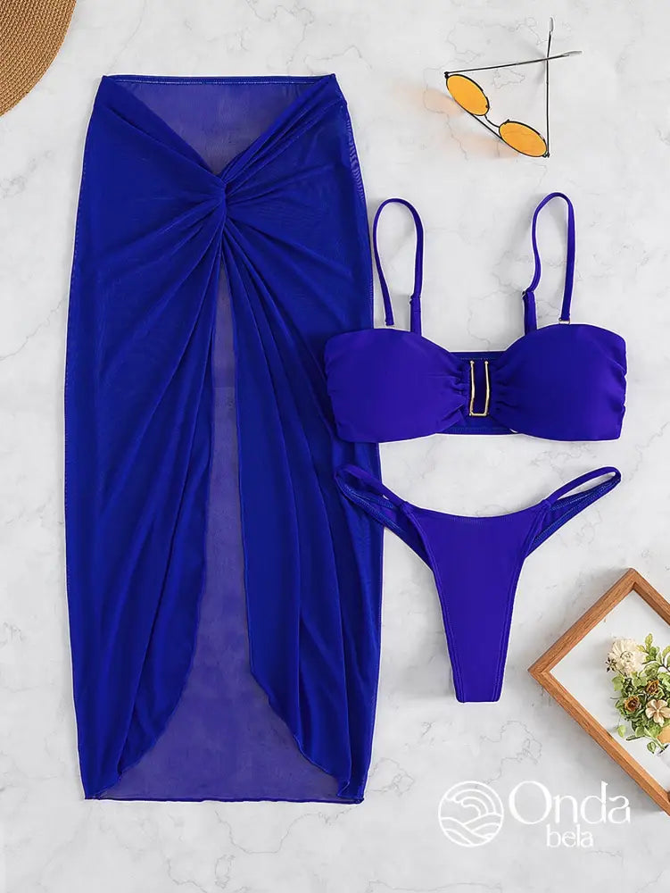 Conjunto Praia Biquíni Com Saia Longa Transparente Drapeada Conjunto Praia Biquíni Com Saia Longa Transparente Drapeada