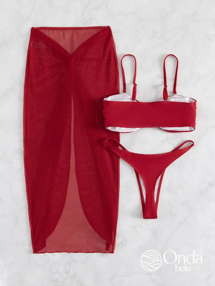 Conjunto Praia Biquíni Com Saia Longa Transparente Drapeada Conjunto Praia Biquíni Com Saia Longa Transparente Drapeada