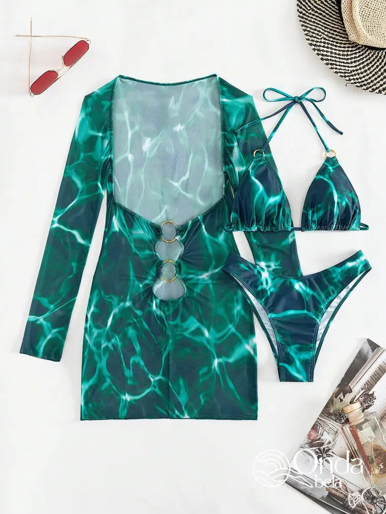 Conjunto Praia Biquíni Com Saída Manga Longa Estampa Marmorizada Conjunto Praia Biquíni Com Saída Manga Longa Estampa