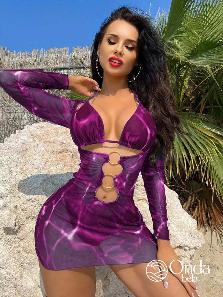 Conjunto Praia Biquíni Com Saída Manga Longa Estampa Marmorizada Roxo / PP Conjunto Praia Biquíni Com Saída Manga Longa