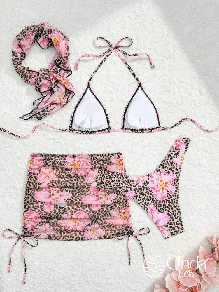 Conjunto Praia Biquíni Floral Animal Print Com Saia E Faixa Conjunto Praia Biquíni Floral Animal Print Com Saia E Faixa
