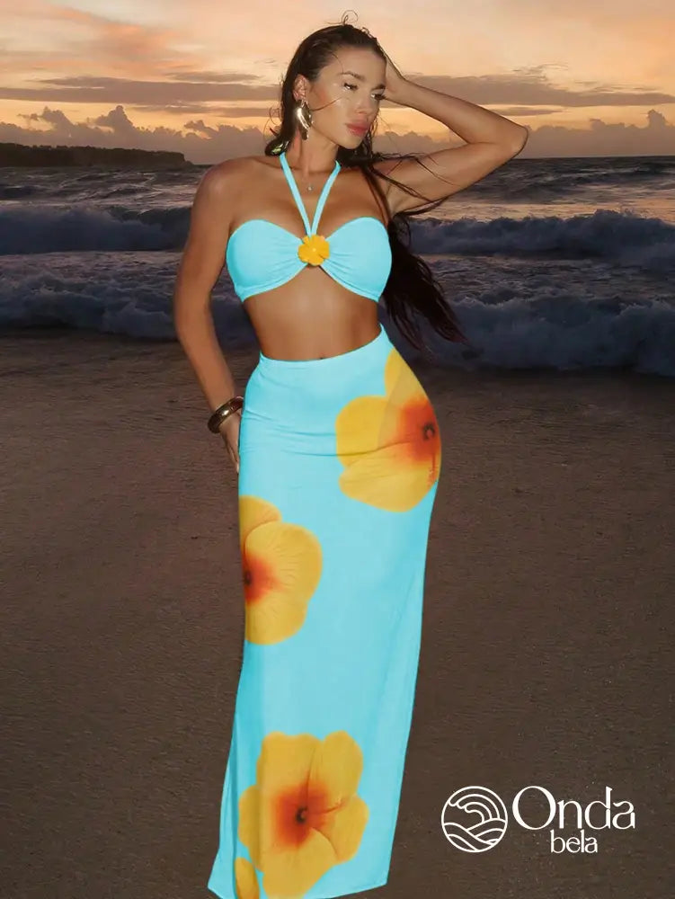 Conjunto Praia Biquíni Tomara Que Caia Com Saia Longa Floral Azul Bebê / PP Conjunto Praia Biquíni Tomara Que Caia Com