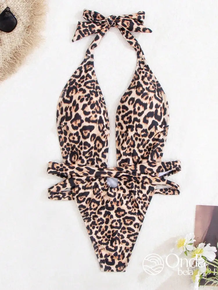 Maiô Animal Print Decote Profundo Com Cinto Faixa Maiô Animal Print Decote Profundo Com Cinto Faixa