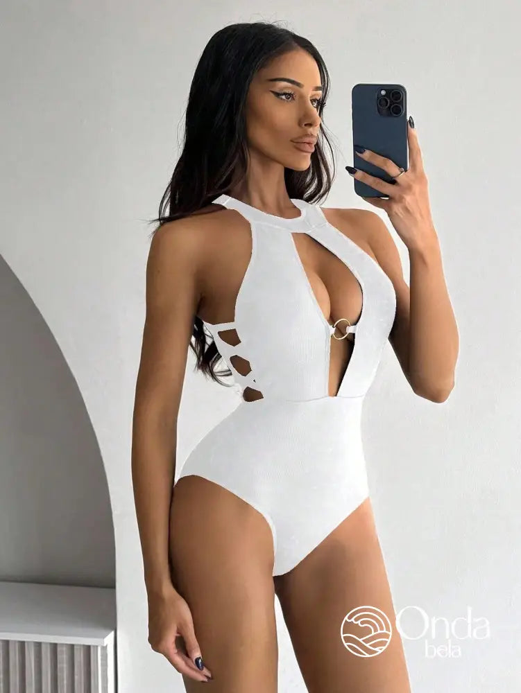Maiô Decote Profundo Com Argola E Laterais Trançadas Branco / PP Maiô Decote Profundo Com Argola E Laterais Trançadas