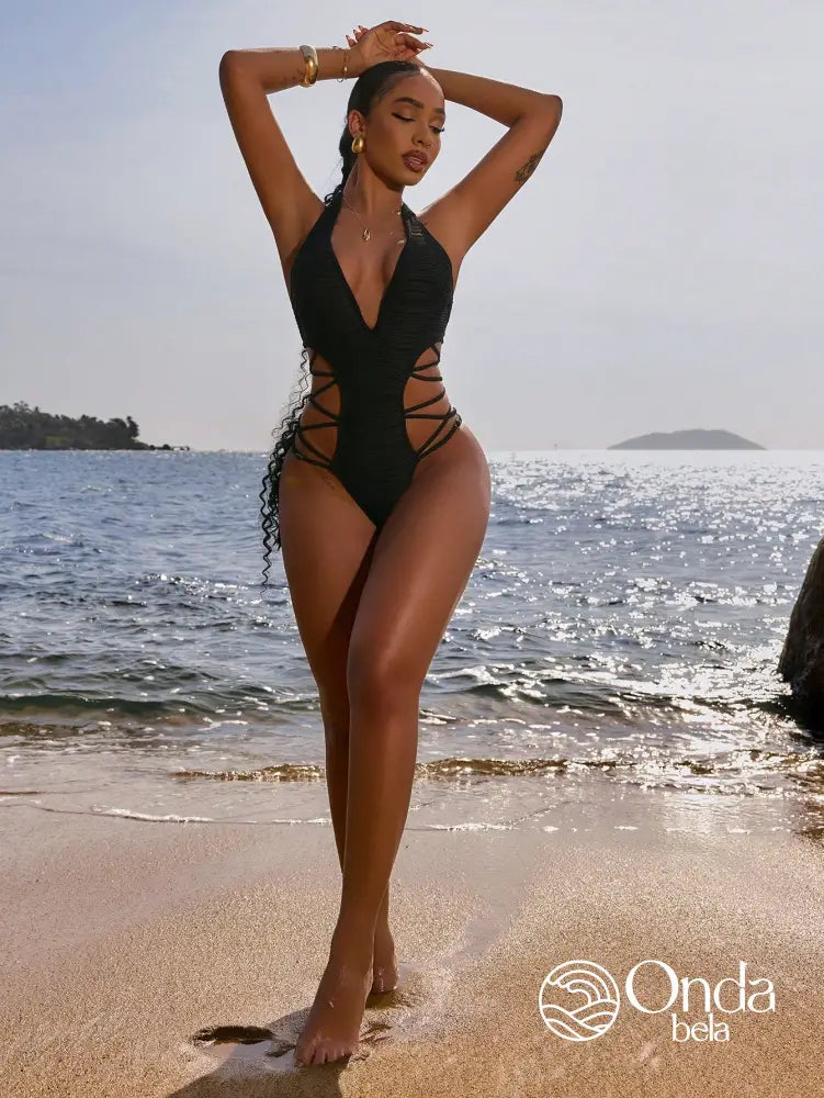 Maiô Decote Profundo Com Laterais Vazadas E Tiras Cruzadas Preto / PP Maiô Decote Profundo Com Laterais Vazadas E Tiras
