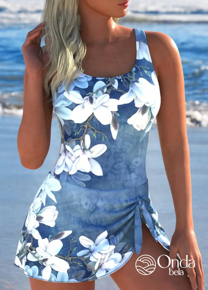 Maiô Estampado Floral Com Saia Assimétrica E Laço Lateral Azul Empoeirado / PP Maiô Estampado Floral Com Saia
