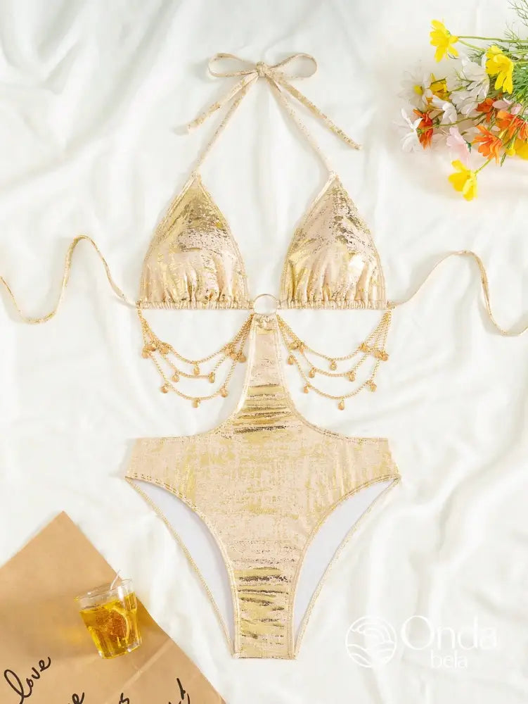 Maiô Metalizado Decote Profundo Com Detalhe De Pérolas Maiô Metalizado Decote Profundo Com Detalhe De Pérolas