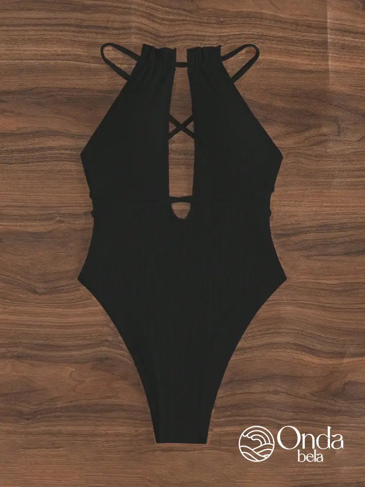 Maiô Texturizado Decote Profundo Com Amarração Cruzada Maiô Texturizado Decote Profundo Com Amarração Cruzada