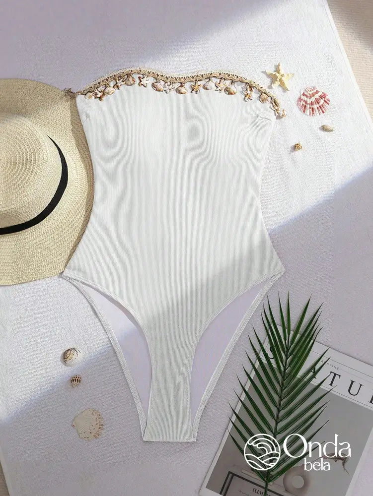 Maiô Tomara Que Caia Canelado Com Bordado De Conchas Maiô Tomara Que Caia Canelado Com Bordado De Conchas