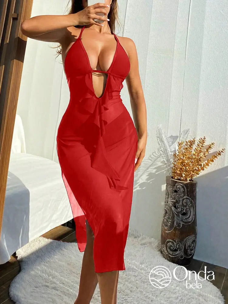 Saída De Praia Longa Tule Com Decote E Amarração Saída De Praia Longa Tule Com Decote E Amarração