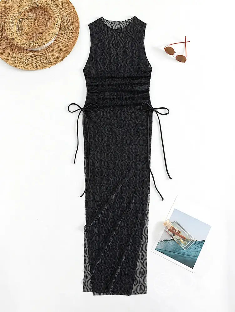 Saída De Praia Longa Tule Transparente Com Fenda Lateral Saída De Praia Longa Tule Transparente Com Fenda Lateral