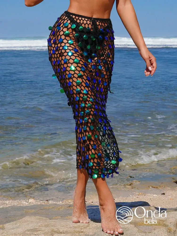 Saída De Praia Saia Midi Crochê Vazado Com Lantejoulas Saída De Praia Saia Midi Crochê Vazado Com Lantejoulas
