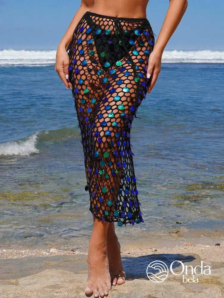 Saída De Praia Saia Midi Crochê Vazado Com Lantejoulas Preto / PP Saída De Praia Saia Midi Crochê Vazado Com Lantejoulas