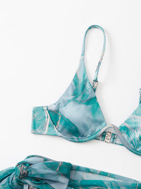 Conjunto Praia Biquíni Com Saia Pareô Estampa Marmorizada