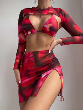 Conjunto Praia Biquíni Com Saia E Blusa Manga Longa Estampada