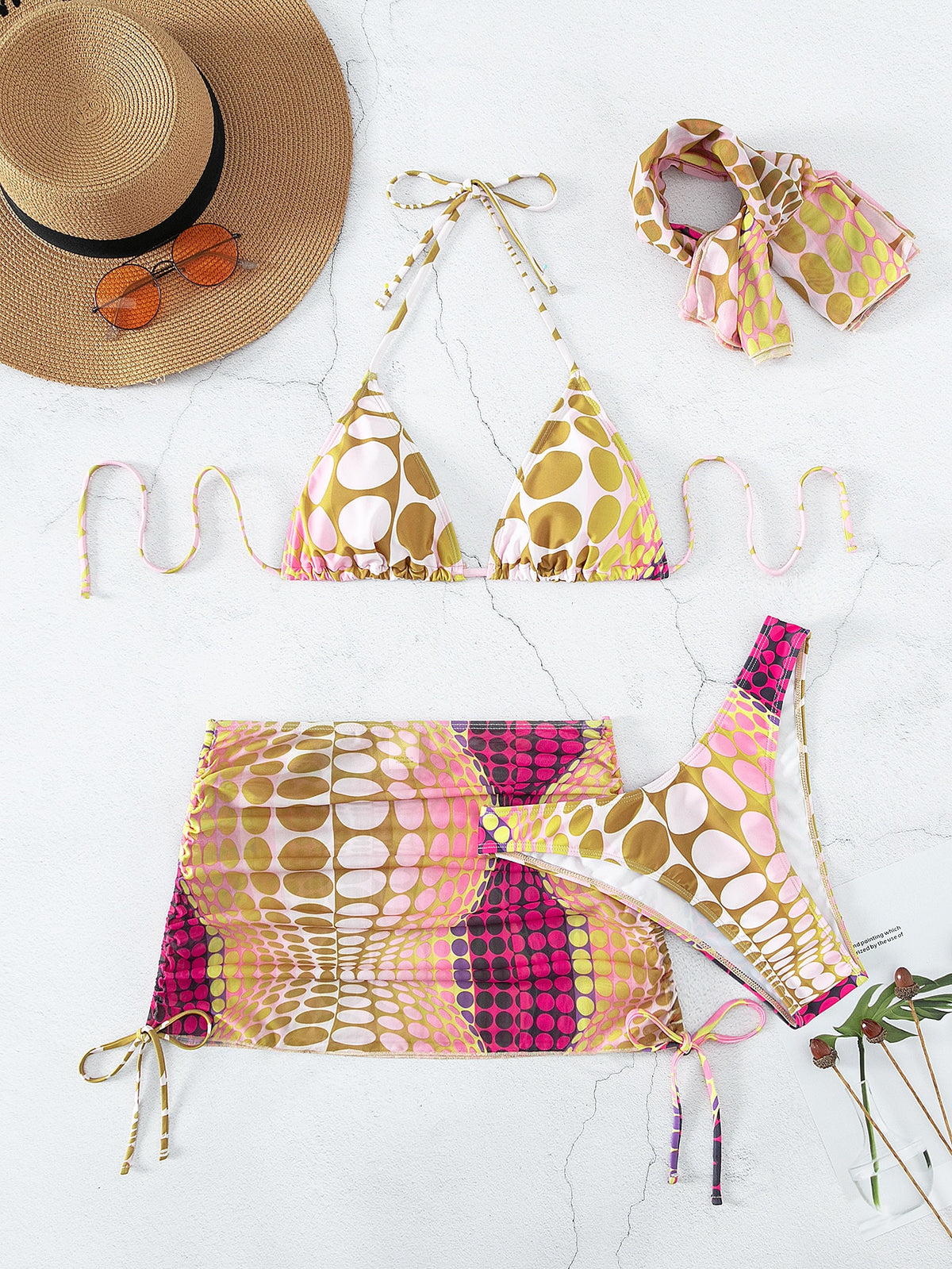 Conjunto Praia Biquíni Com Saia Curta E Faixa Estampada