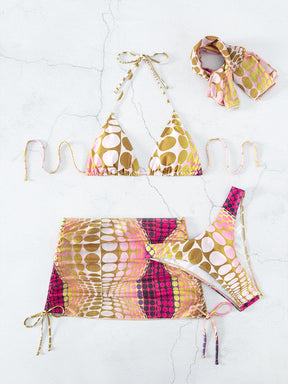 Conjunto Praia Biquíni Com Saia Curta E Faixa Estampada