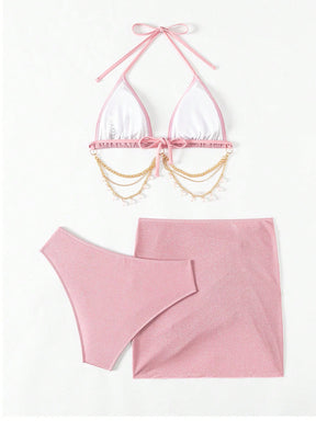 Conjunto Praia Biquíni Com Saia Curta E Detalhe De Corrente