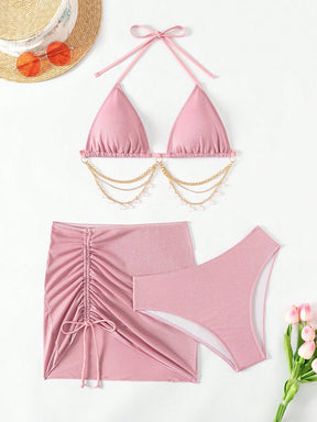 Conjunto Praia Biquíni Com Saia Curta E Detalhe De Corrente