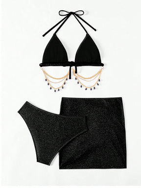 Conjunto Praia Biquíni Com Saia Curta E Detalhe De Corrente