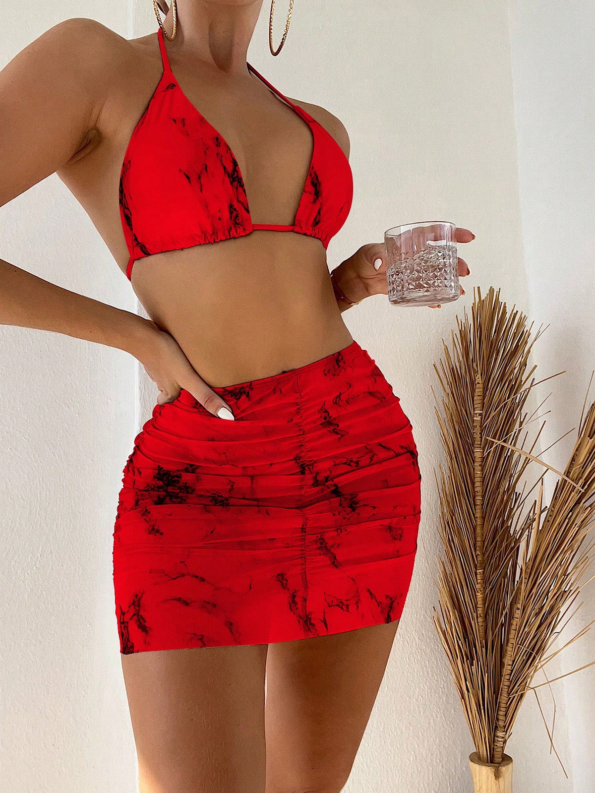 Conjunto Praia Biquíni Com Saia Curta Drapeada Marmorizada