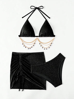 Conjunto Praia Biquíni Com Saia Curta E Detalhe De Corrente