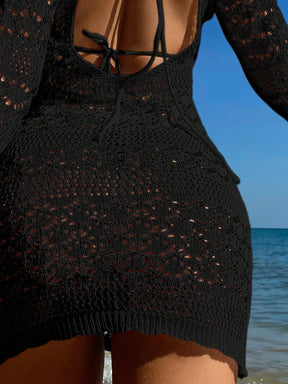 Saída De Praia Curta Crochê Floral Manga Longa