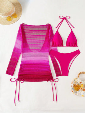 Conjunto Praia Biquíni Com Saída Manga Longa Degradê Rosa