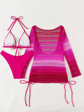 Conjunto Praia Biquíni Com Saída Manga Longa Degradê Rosa