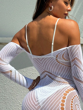 Saída De Praia Curta Tela Vazado Ombro A Ombro Elegante