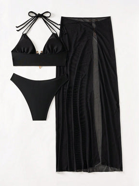 Conjunto Praia Biquíni Com Saia Longa Transparente