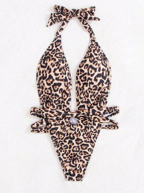 Maiô Animal Print Decote Profundo Com Cinto Faixa