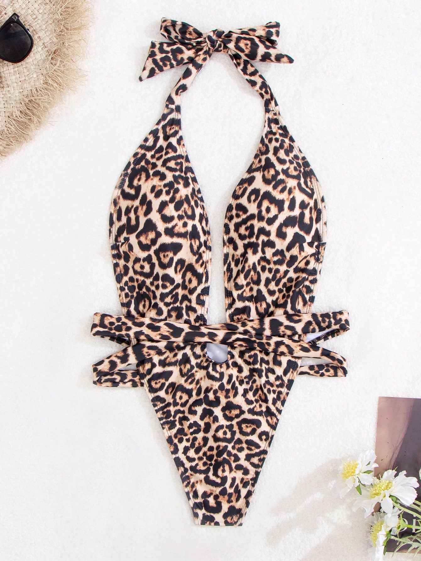 Maiô Animal Print Decote Profundo Com Cinto Faixa