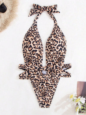 Maiô Animal Print Decote Profundo Com Cinto Faixa
